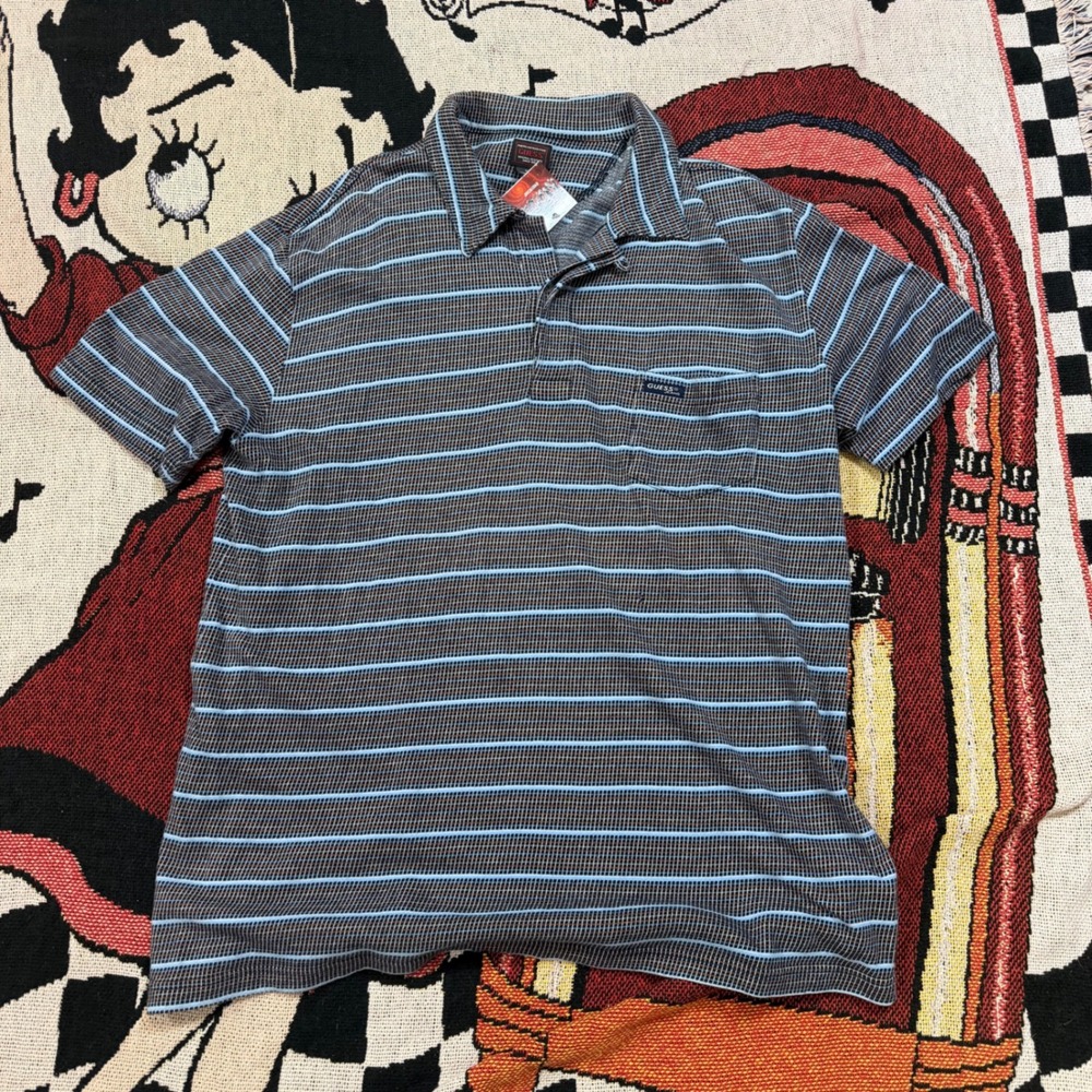 Guess Jeans Mens XXL Striped Polo Shirt Blue Orange Micro Check Short Sleeve